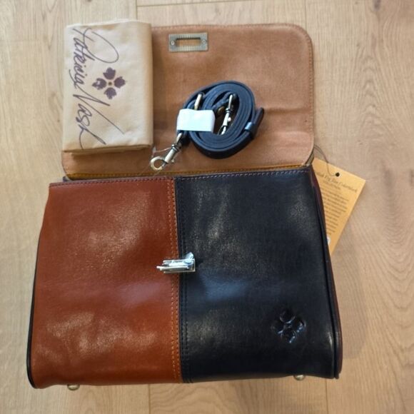 Patricia Nash Top Handle Satchel Yoeky Colorblock British Black Tan Leather - Picture 9 of 11